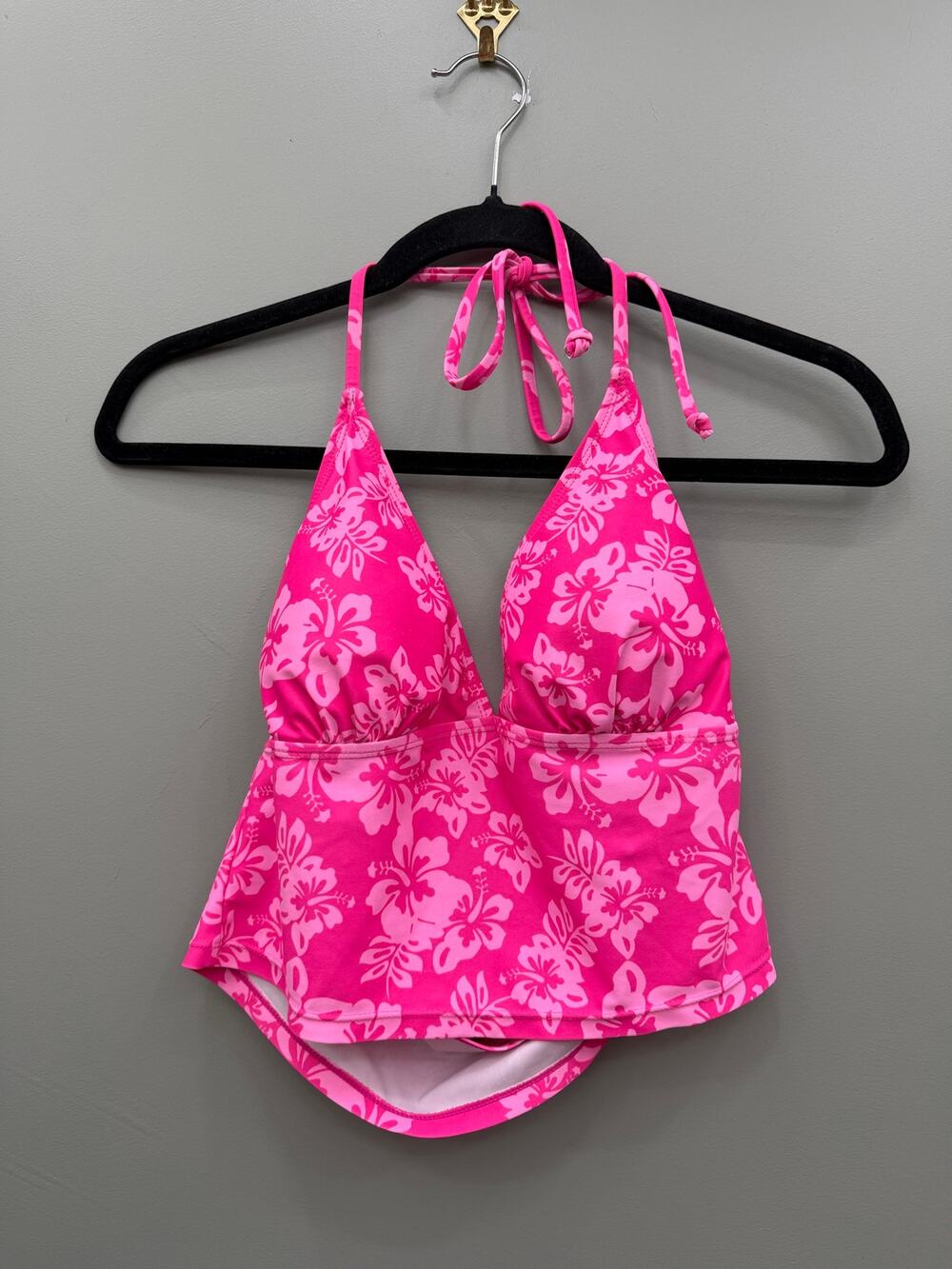 Hot Pink Hibiscus Halter Tankini Top Y2K Tropical Floral Swim 90s Vibes